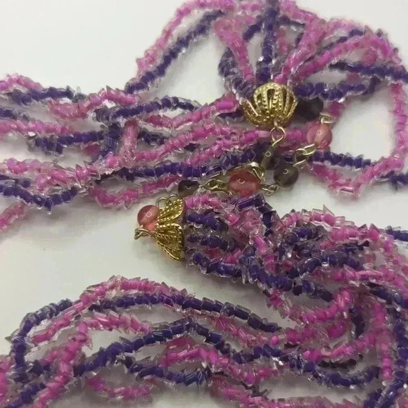 Pink & Purple Glass + Wood Beaded Necklace Set EUC - Picture 3 of 5